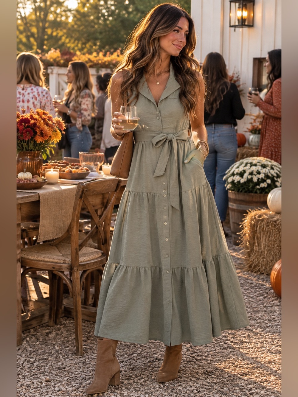 Sleeveless Sage Tiered Button-Front Maxi Dress with Self-Tie Waist